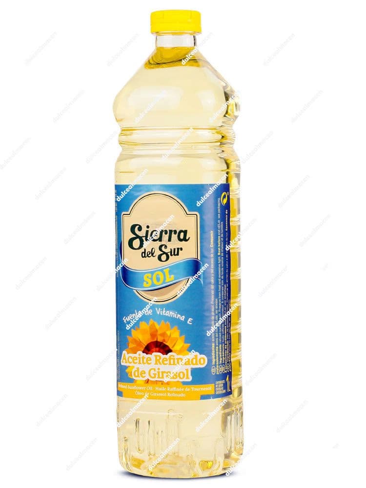 Botella de 1 litro de Aceite Refinado de Girasol Sierra del Sur Sol con etiqueta azul y dibujo de un girasol sobre fondo blanco en Dulcealmacen
