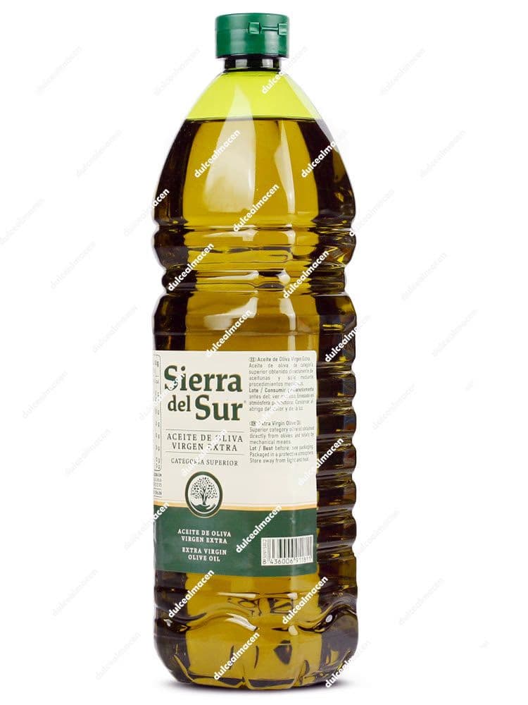 Botella de 1 litro de Aceite de Oliva Virgen Extra Sierra del Sur con etiqueta blanca y verde sobre fondo blanco en Dulcealmacen