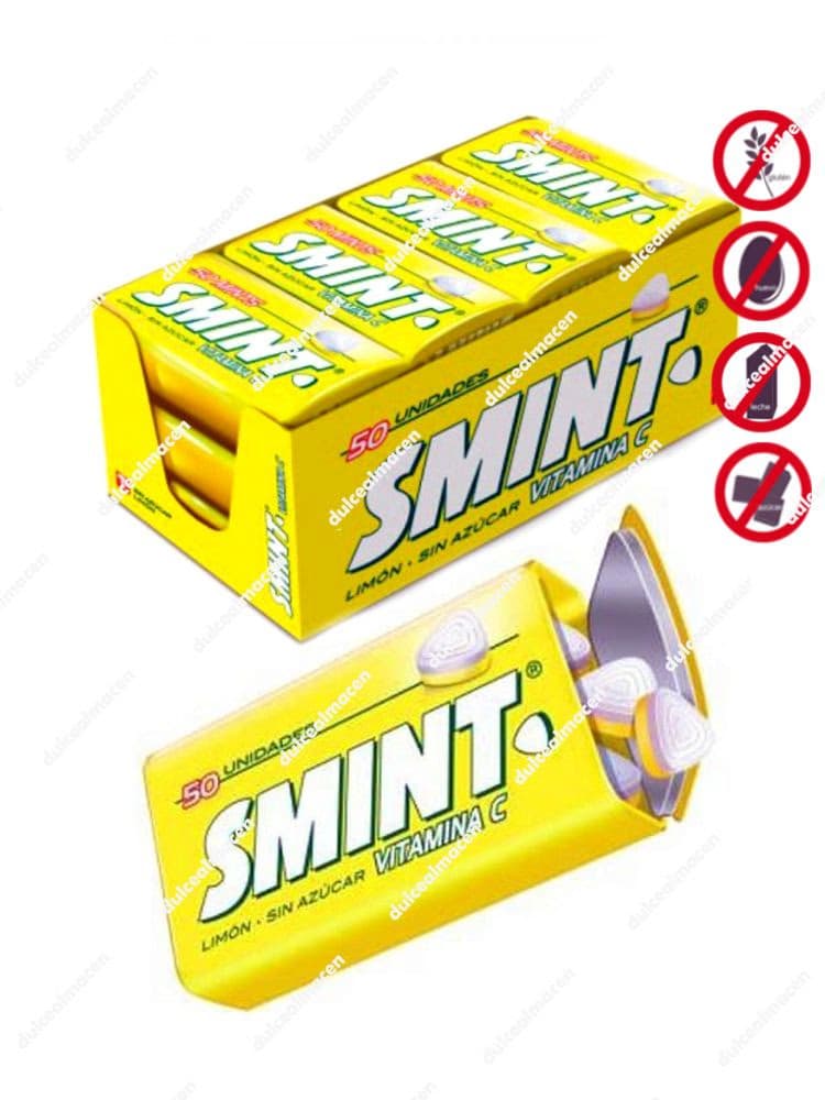 Caja expositora de color amarillo que contiene 12 latas metálicas individuales de los caramelos de limón sin azúcar con Vitamina C de la marca Smint Tin, con muestra de la lata abierta y las pastillas bicolores blancas y amarillas - Dulcealmacen