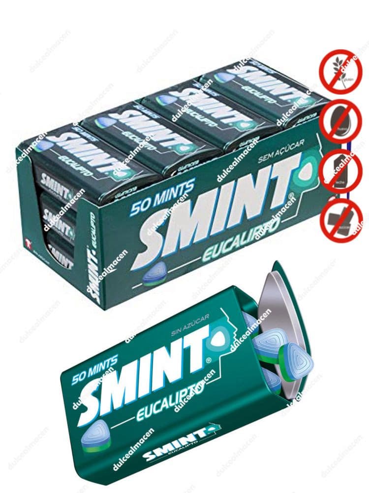 Caja expositora de color verde que contiene 12 latas metálicas individuales de los caramelos de eucalipto sin azúcar de la marca Smint Tin, con muestra de la lata abierta y las pastillas bicolores - Dulcealmacen