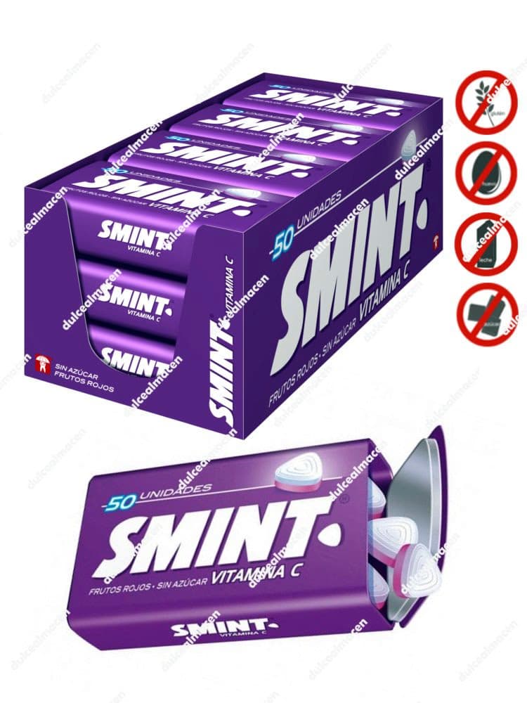 Caja expositora de color morado que contiene 12 latas metálicas individuales de los caramelos de frutos rojos sin azúcar con Vitamina C de la marca Smint Tin, con muestra de la lata abierta y las pastillas bicolores - Dulcealmacen