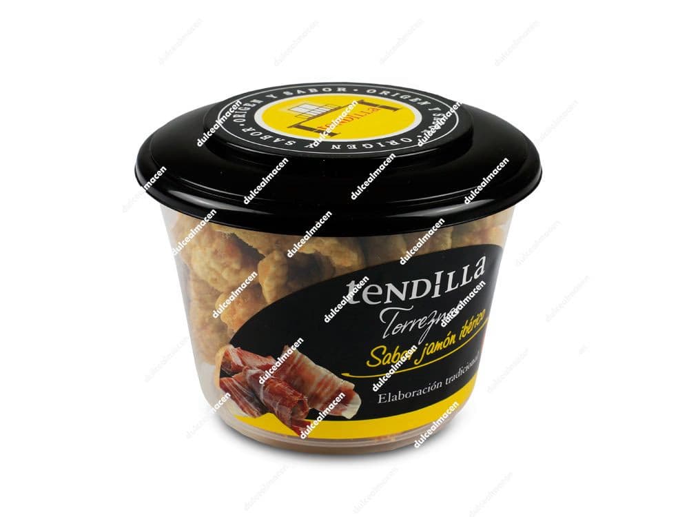 Tina de 125 g de Torreznos Tendilla sabor Jamón Ibérico con tapa negra, mostrando la etiqueta del producto con una imagen de jamón ibérico y el sello de elaboración tradicional - Dulcealmacen