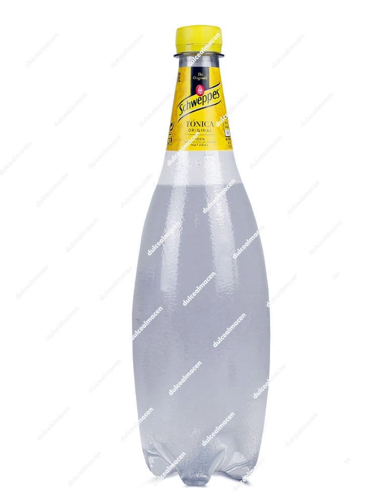 Botella de 1 litro de Tónica Schweppes Original transparente con etiqueta amarilla y tapón amarillo sobre fondo blanco en Dulcealmacen