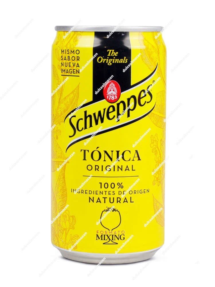 Lata pequeña de 25 cl de Tónica Schweppes Original con colores amarillo y negro sobre fondo blanco en Dulcealmacen