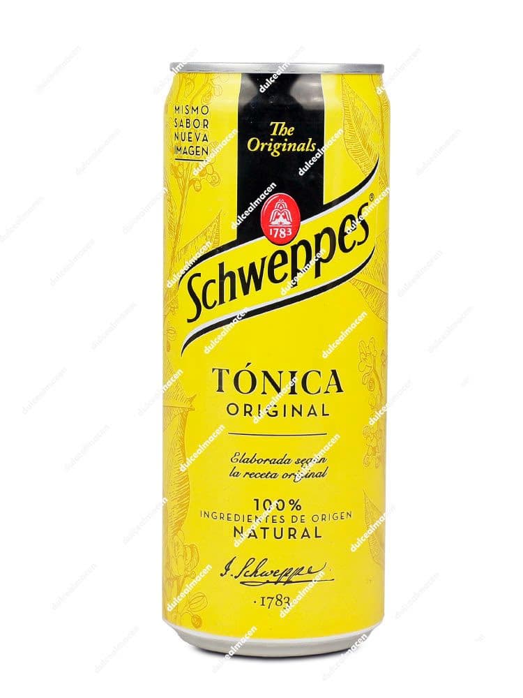 Lata de 33 cl de Tónica Schweppes Original con etiqueta amarilla y logo rojo destacando ingredientes 100% naturales sobre fondo blanco en Dulcealmacen