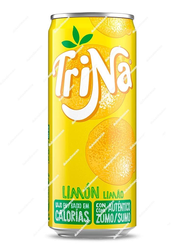 Lata de refresco Trina Limón de 33 cl con diseño amarillo y hojas de limonero - Dulcealmacen