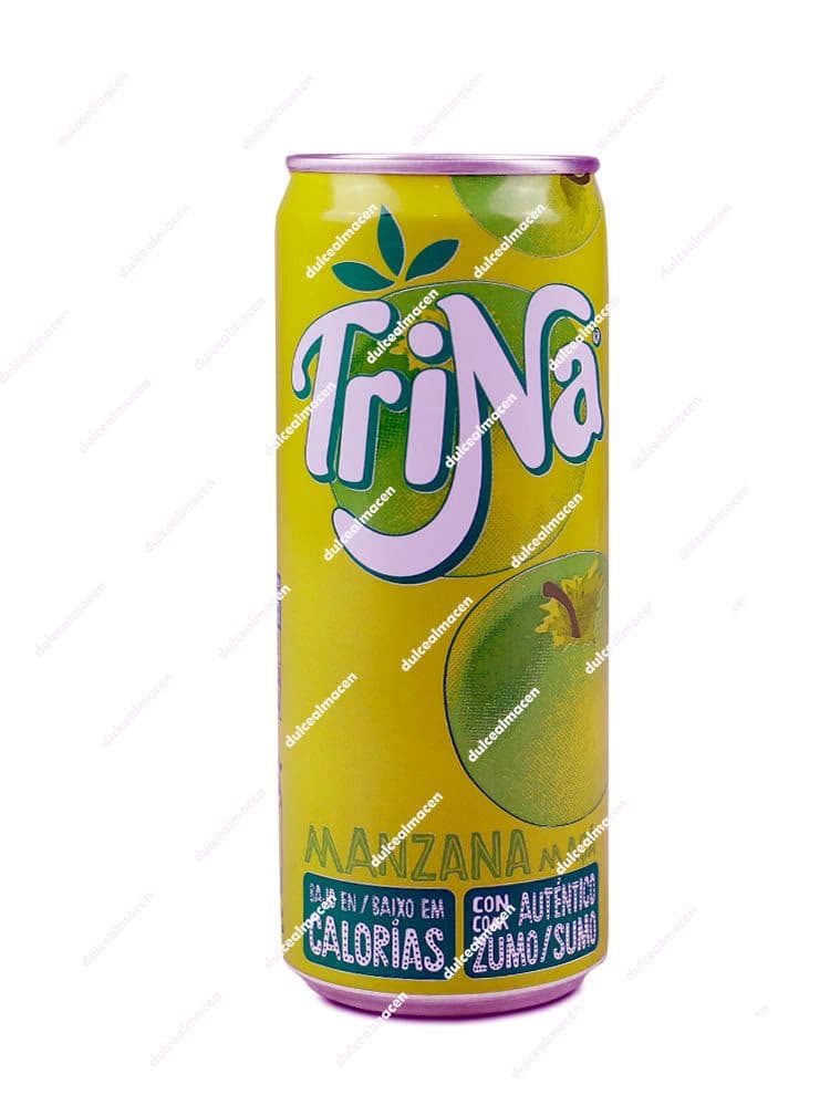 Lata de 33 cl de TriNa Manzana con diseño verde y amarillo mostrando manzanas naturales y el sello de bajo en calorías sobre fondo blanco en Dulcealmacen