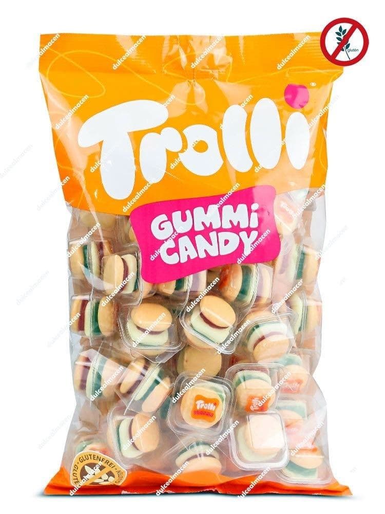 Bolsa de 50 unidades de gominolas Trolli Mini Burger, pequeñas hamburguesas de colores envasadas individualmente en blíster - Dulcealmacen
