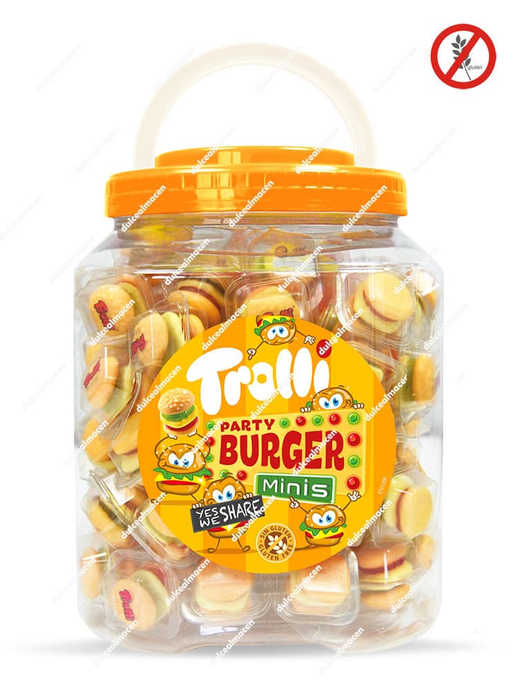Bote transparente de plástico con asa amarilla conteniendo 90 unidades de gominolas Trolli Party Burger Minis - Dulcealmacen