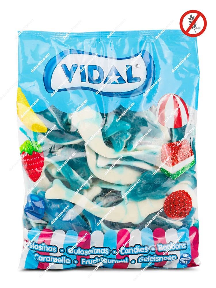 Bolsa de gominolas Vidal Maxi Delfines Azules de 2 kg con caramelos de goma gigantes en forma de delfín azul y blanco sin gluten de Dulcealmacen