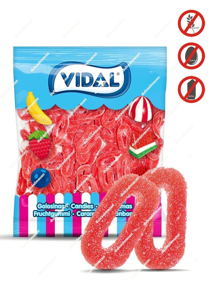 Bolsa de gominolas Vidal Aros Fresa de 250 unidades con caramelos de goma con forma de anillos rojos ácidos sin gluten de Dulcealmacen