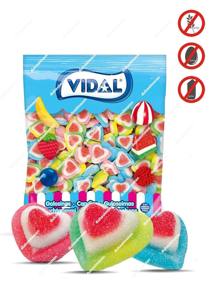 Bolsa de golosinas Vidal con corazones de triple capa en colores rojo, blanco y verde con sellos de sin gluten, sin huevo y sin leche - Dulcealmacen