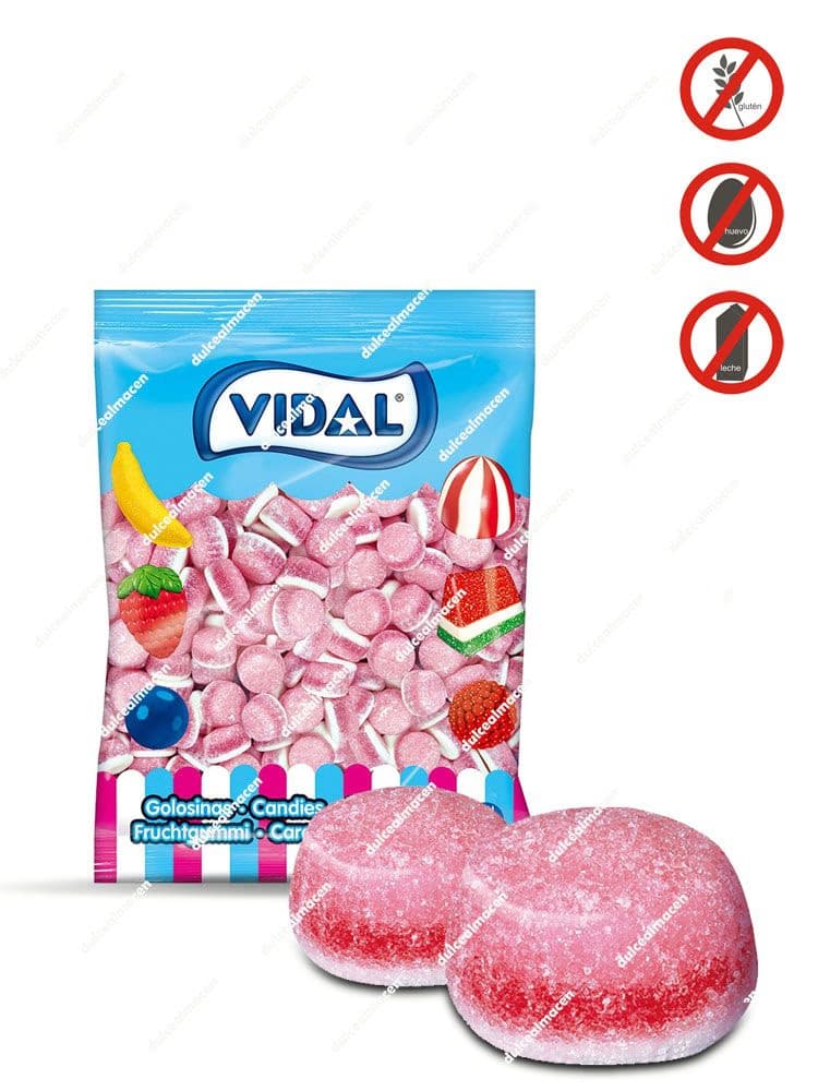 Bolsa de 250 unidades de Vidal Tartitas con Azúcar mostrando las gominolas de espuma rosa y blanca con sellos de sin gluten, sin huevo y sin leche - Dulcealmacen