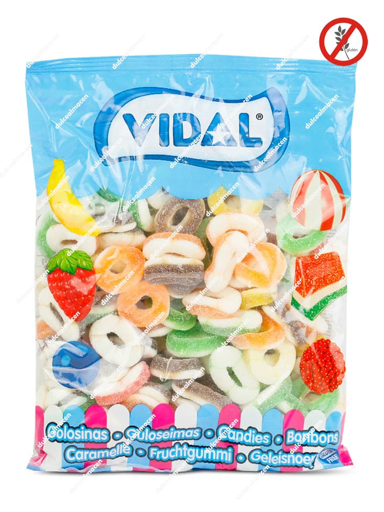 Bolsa de 1 kg de gominolas Vidal Aros Surtidos de colores variados con base blanca y sello de sin gluten - Dulcealmacen