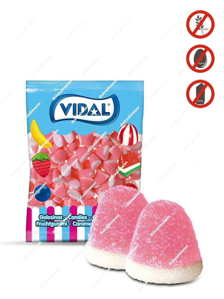 Bolsa de 1kg de Vidal Besos de Fresa mostrando las gominolas rojas y blancas con forma de beso y sellos de sin gluten y sin grasa - Dulcealmacen