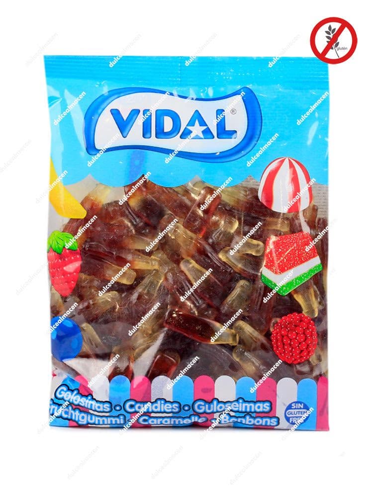 Bolsa de 1 kg de gominolas Vidal Botella Cola Brillo de color marrón y transparente con sellos de sin gluten y sin grasa - Dulcealmacen