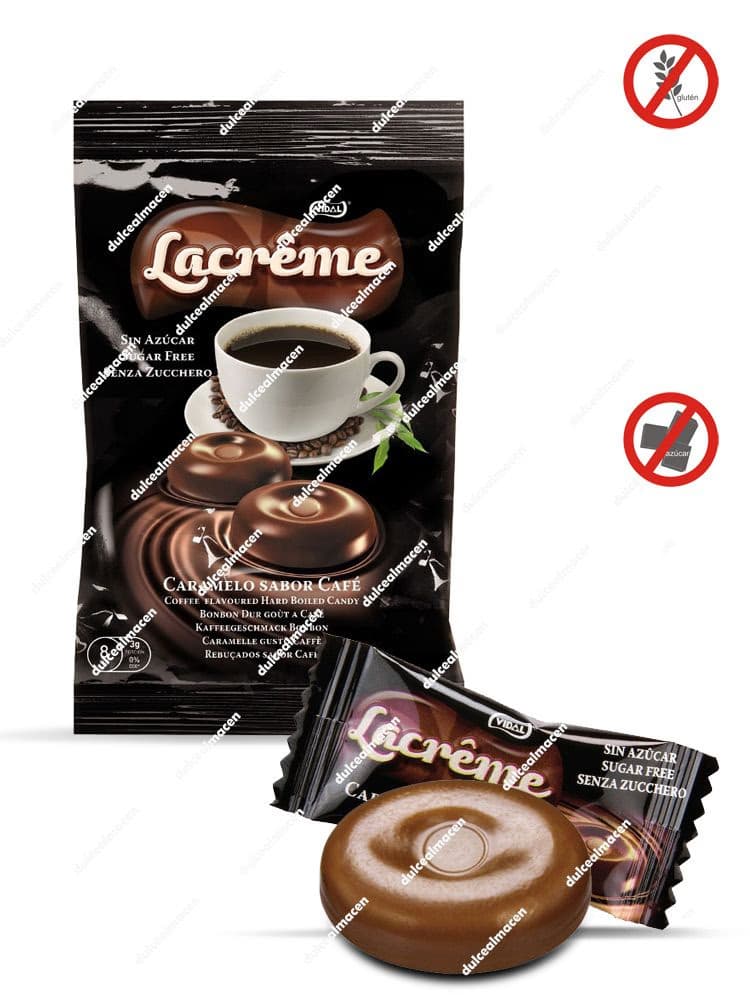 Bolsa negra de Vidal LaCrème Caramelo Sabor Café Sin Azúcar de 80 g con imagen de una taza de café y caramelos cremosos, incluyendo sello de sin gluten y sin azúcar - Dulcealmacen