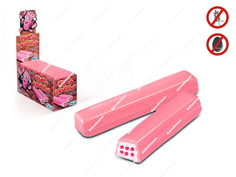 Caja expositora y caramelos de goma alargados rellenos de color rosa y blanco con cobertura sabor chocolate Vidal Chocoladrillos de 75 unidades en Dulcealmacen