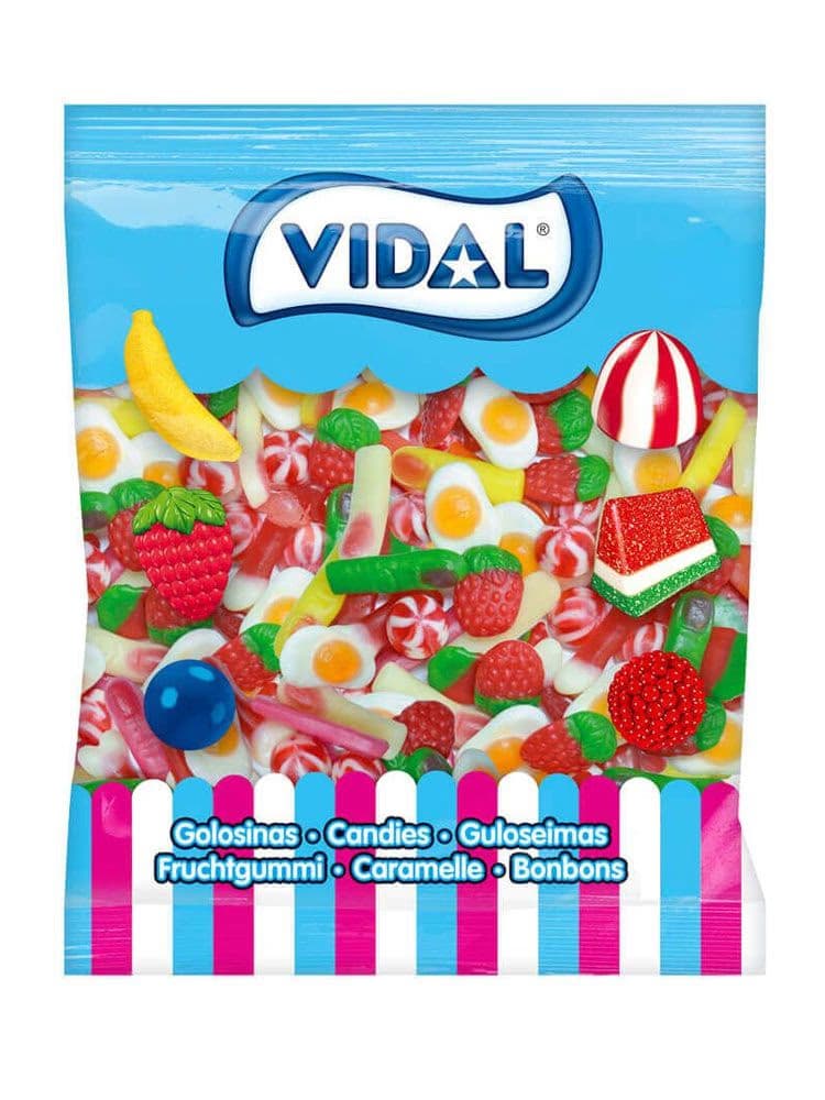 Bolsa de 1kg de Vidal Fantasía Mix mostrando el surtido variado de gominolas con huevos fritos, fresas y sandías - Dulcealmacen