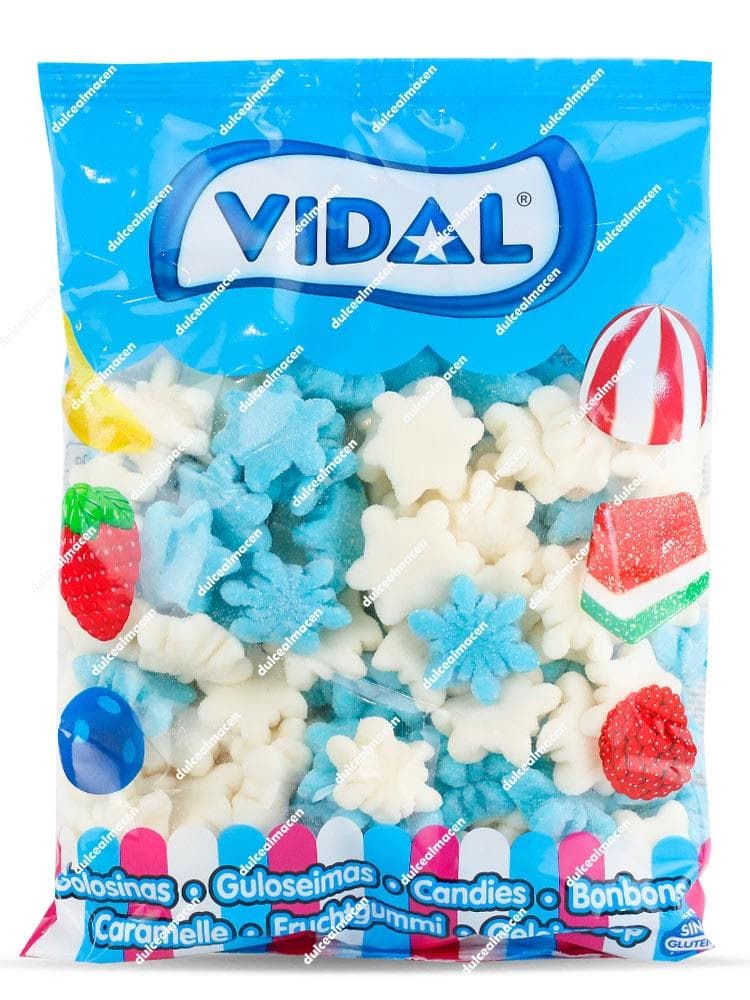 Bolsa de gominolas Vidal Copos de Nieve de 1 kg con caramelos de goma bicolores en azul y blanco sin gluten de Dulcealmacen