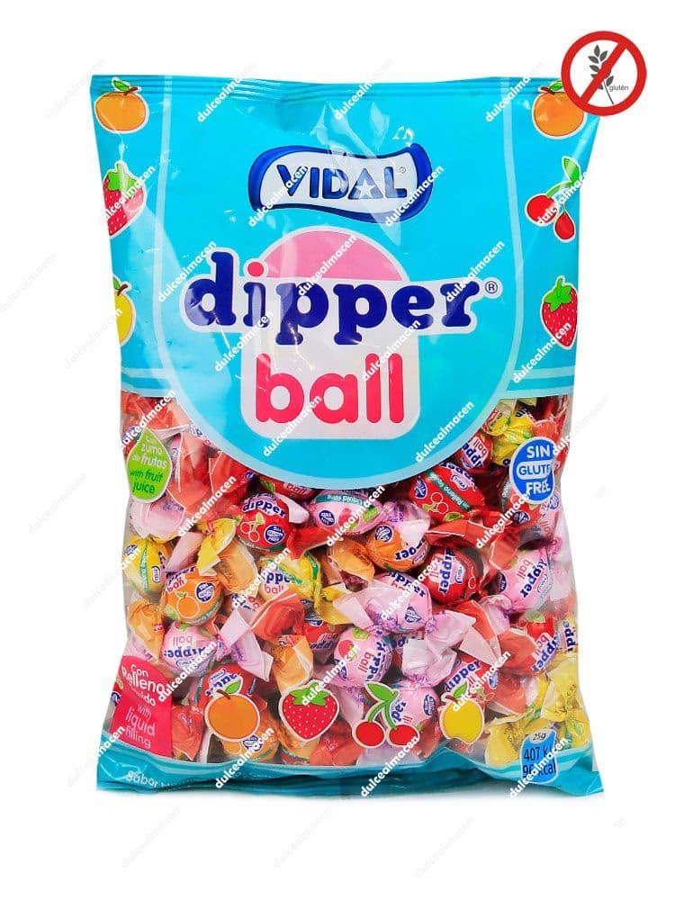 Bolsa azul de 900 gramos de caramelos esféricos con doble textura dura y blanda de sabores frutales surtidos Vidal Dipper Ball en Dulcealmacen