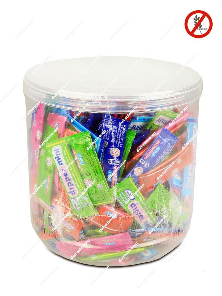 Tarro de plástico transparente con tapa que contiene un surtido de 250 unidades de pequeños caramelos masticables bicolores y frutales Vidal Dipper Mini en Dulcealmacen