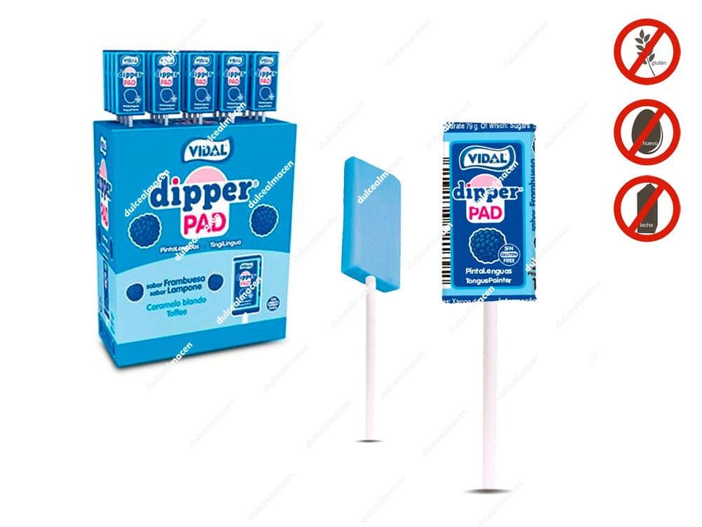 Caja expositora azul y piruleta plana de caramelo masticable blando pintalenguas sabor frambuesa Vidal Dipper Pad de 100 unidades en Dulcealmacen
