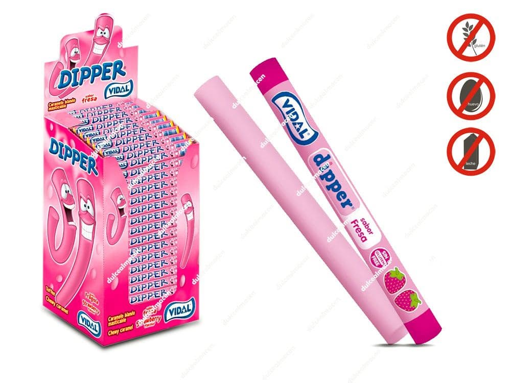 Caja expositora rosa y caramelos masticables alargados con palo sabor fresa Vidal Dipper Palote de 200 unidades en Dulcealmacen