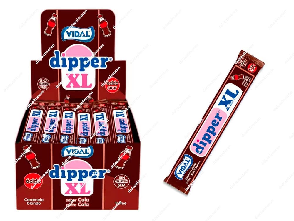 Caja expositora marrón y barrita individual de caramelo masticable blando sabor cola refrescante Vidal Dipper XL de 100 unidades en Dulcealmacen