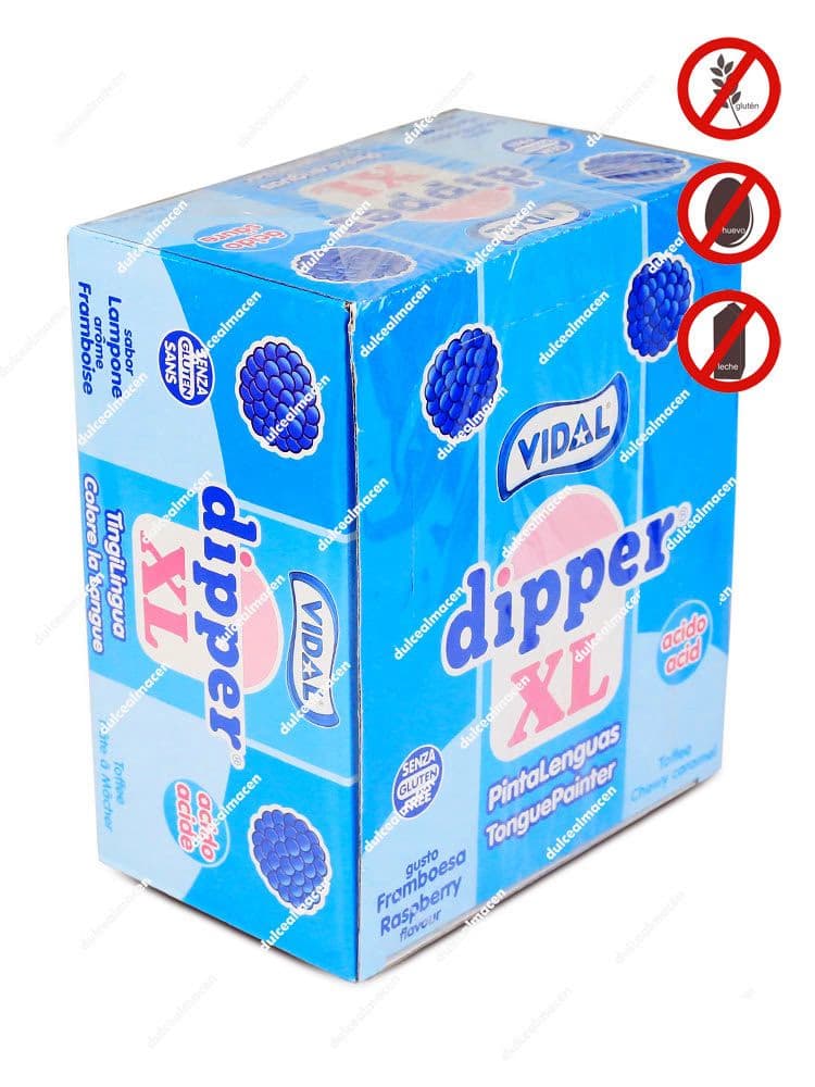 Caja de 100 unidades de caramelos blandos Vidal Dipper XL sabor frambuesa, pinta lenguas azul, sin gluten, sin huevo y sin lactosa - Dulcealmacen