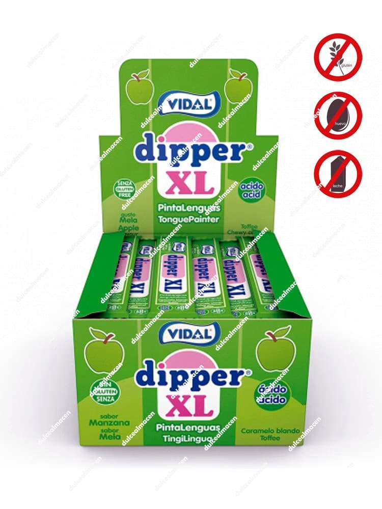 Caja expositora de 100 unidades de Vidal Dipper XL sabor manzana ácida, color verde, caramelos blandos sin gluten, sin huevo y sin lactosa - Dulcealmacen