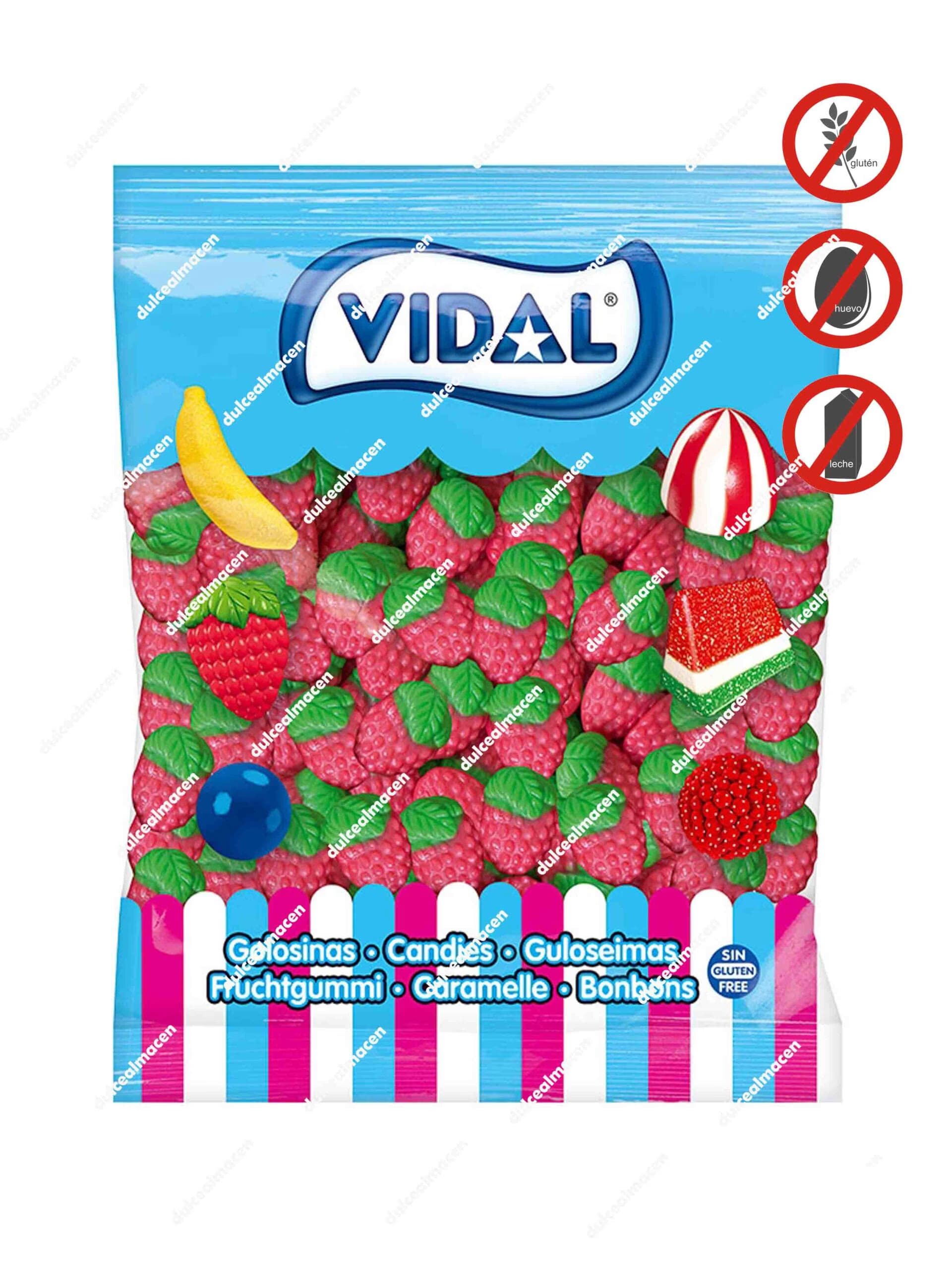 Bolsa de gominolas Vidal Fresas Silvestres Brillo de 1 kg con caramelos de goma con forma de fresas rojas y verdes sin gluten de Dulcealmacen