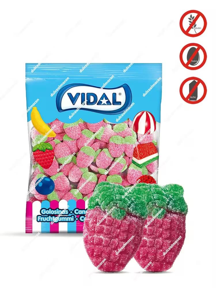 Bolsa de 1kg de gominolas Vidal Fresas con Pica, piezas de color rojo y verde con cobertura de azúcar ácido - Dulcealmacen