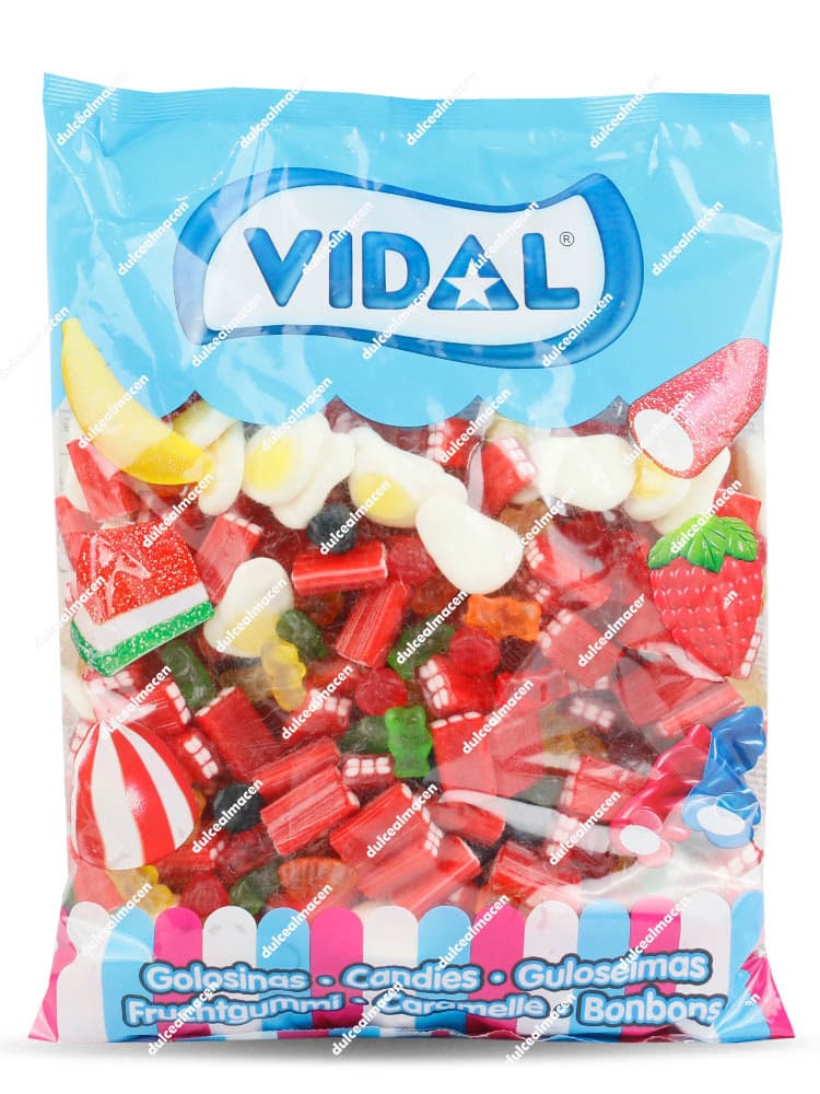 La bolsa de Vidal Funny Mix 1kg contiene un divertido y variado surtido multicolor de caramelos de goma con sabores frutales y una receta libre de gluten.