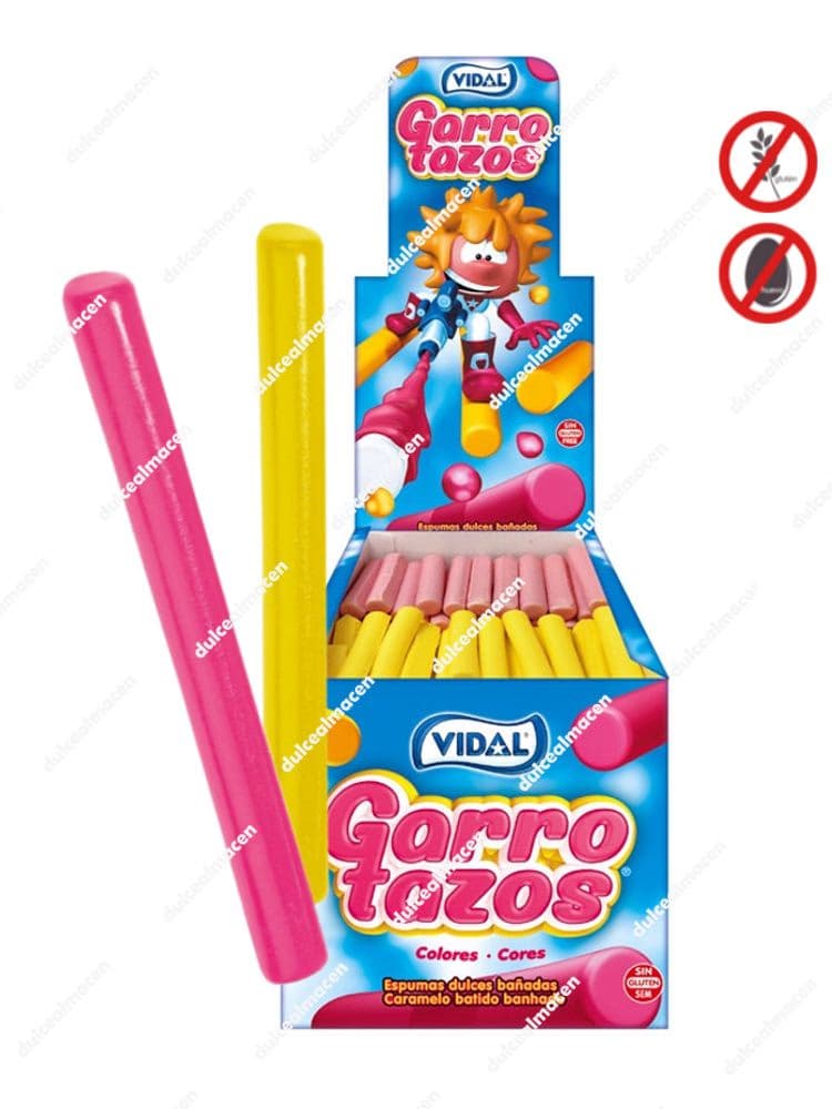 Caja expositora de caramelos de goma alargados de sabores frutales cubiertos de pica ácido Vidal Garrotazos Colores de 150 unidades en Dulcealmacen