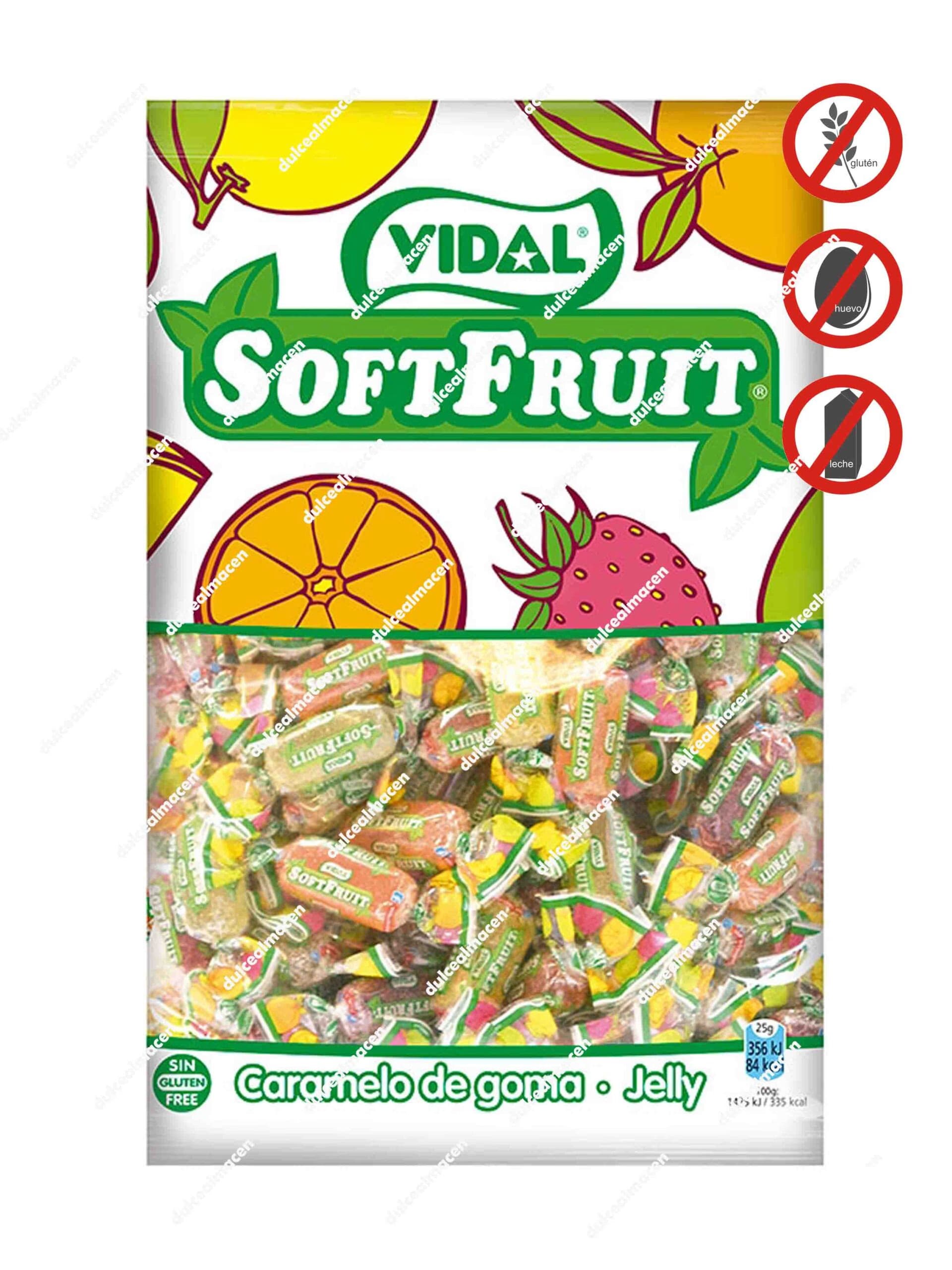 Bolsa de un kilo de caramelos de goma masticables y blandos de sabores frutales envueltos Vidal Soft Fruit en Dulcealmacen