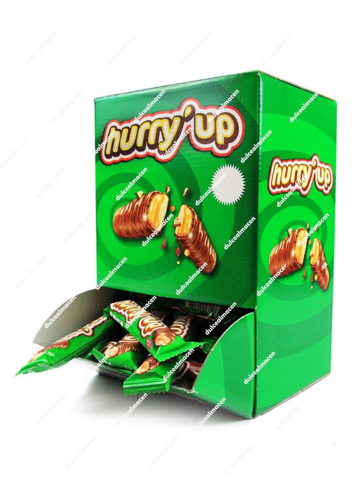 Caja expositora verde de barritas de caramelo blando masticable frutal ácido Vidal Hurry Up de 60 unidades en Dulcealmacen
