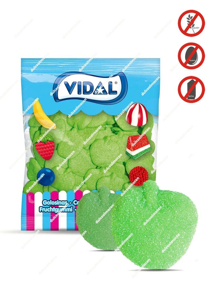 Bolsa de un kilo de caramelos de goma de color verde con forma de manzanas azucaradas Vidal Manzanas en Dulcealmacen