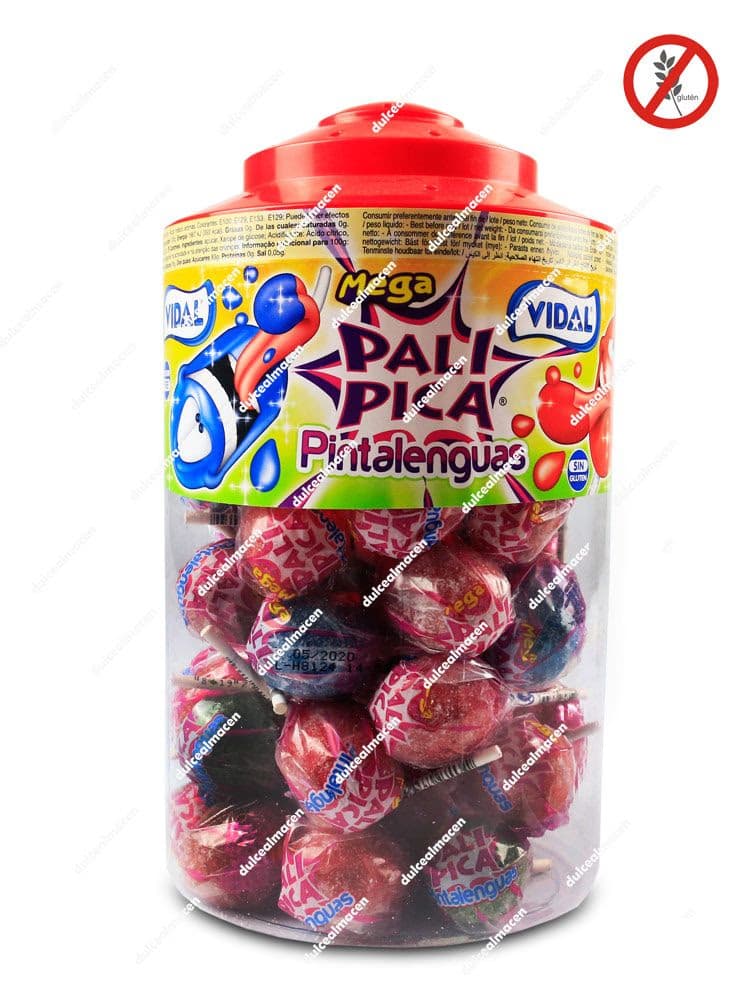 Tarro expositor de caramelos con palo ácidos sabor frutal que tiñen la lengua Vidal Mega PaliPica Pintalenguas de 40 unidades en Dulcealmacen