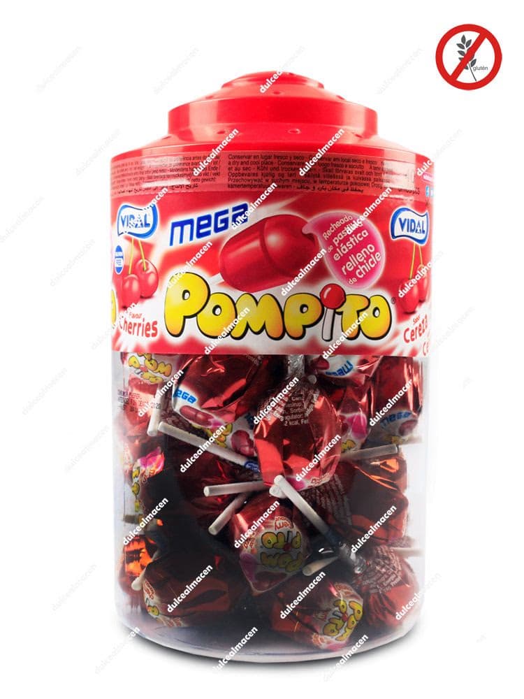 Tarro de caramelos con palo Vidal Mega Pompito Cereza de 40 unidades sin gluten de Dulcealmacen