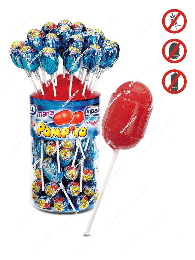 Tarro expositor de caramelos con palo sabor fresa rellenos de chicle Vidal Mega Pompito de 40 unidades en Dulcealmacen