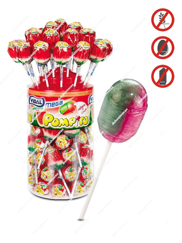 Tarro de caramelos con palo sabor sandía con chicle interior Vidal Mega Pompito de 40 unidades en Dulcealmacen