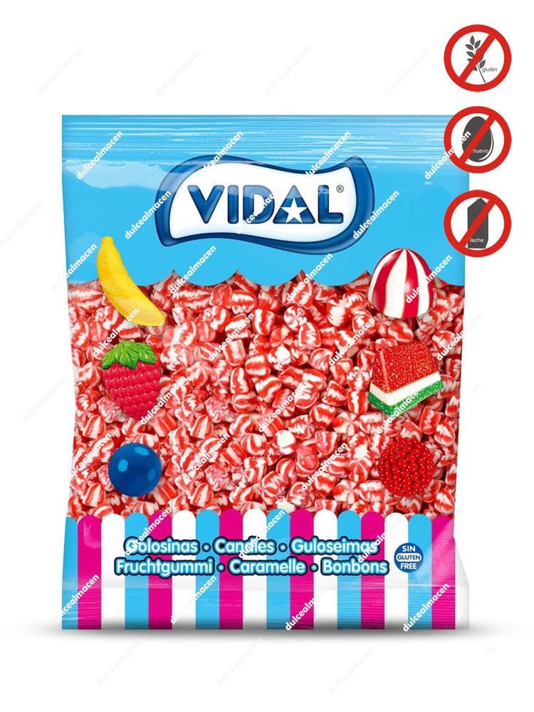 Bolsa de un kilo de caramelos de goma azucarados bicolor sabor fresa y nata Vidal Mini Beso Twist en Dulcealmacen