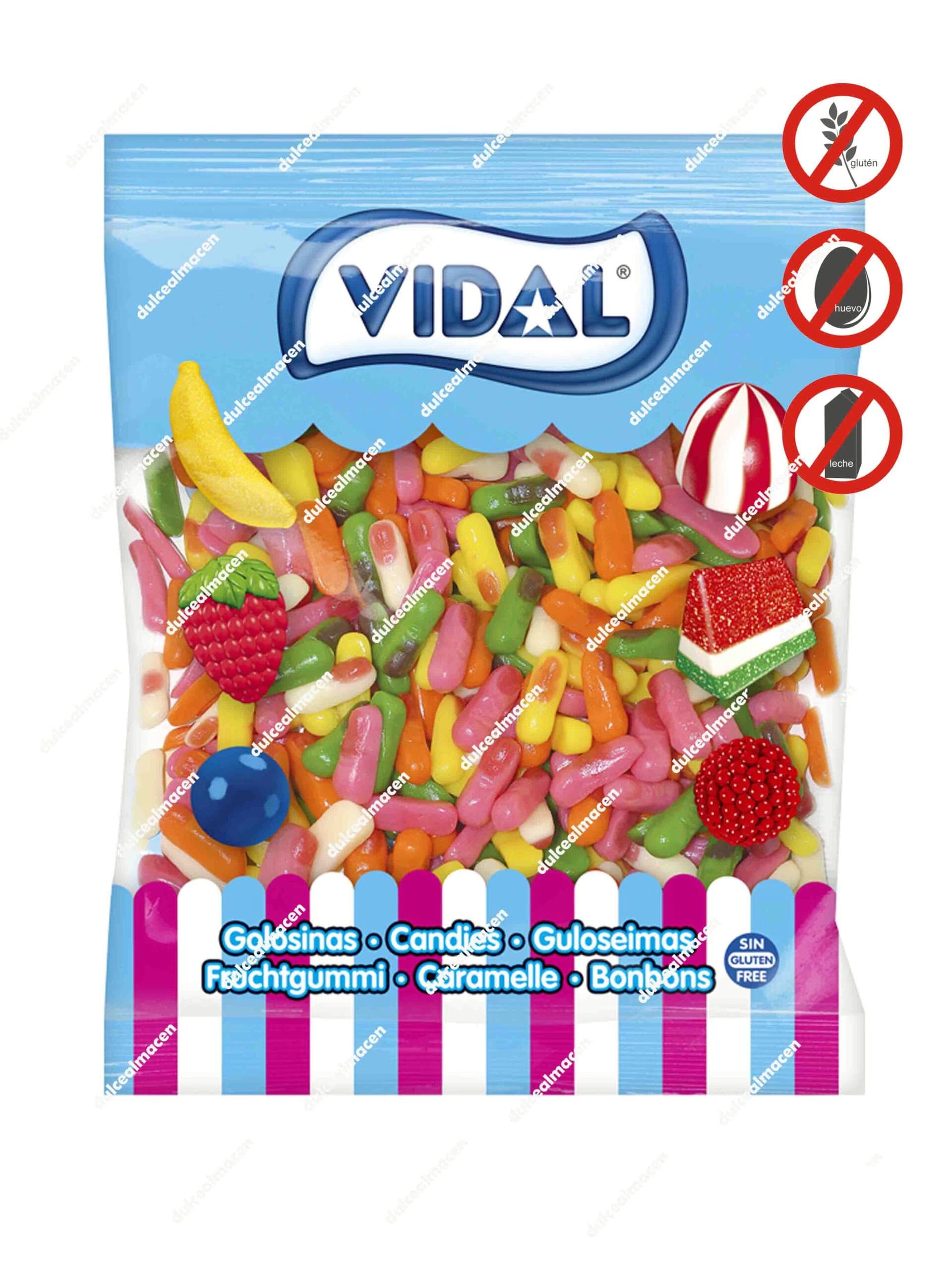 Bolsa de 1 kg de golosinas Vidal Mini Dedos Brillo con surtido de colores rosa, verde, naranja y amarillo - Dulcealmacen