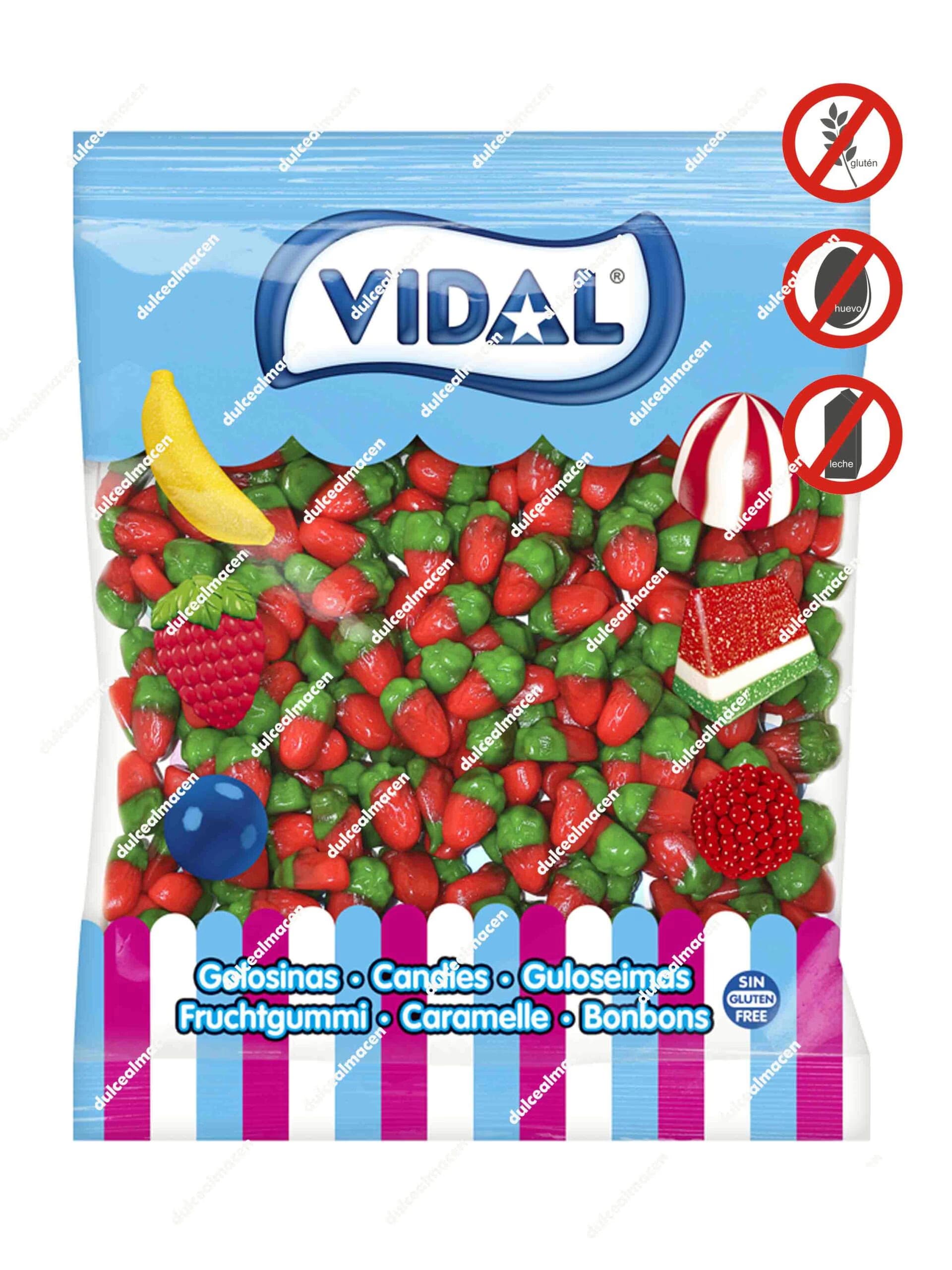 Bolsa de un kilo de pequeños caramelos de goma brillantes con forma de fresas Vidal Mini Fresitas Brillo en Dulcealmacen