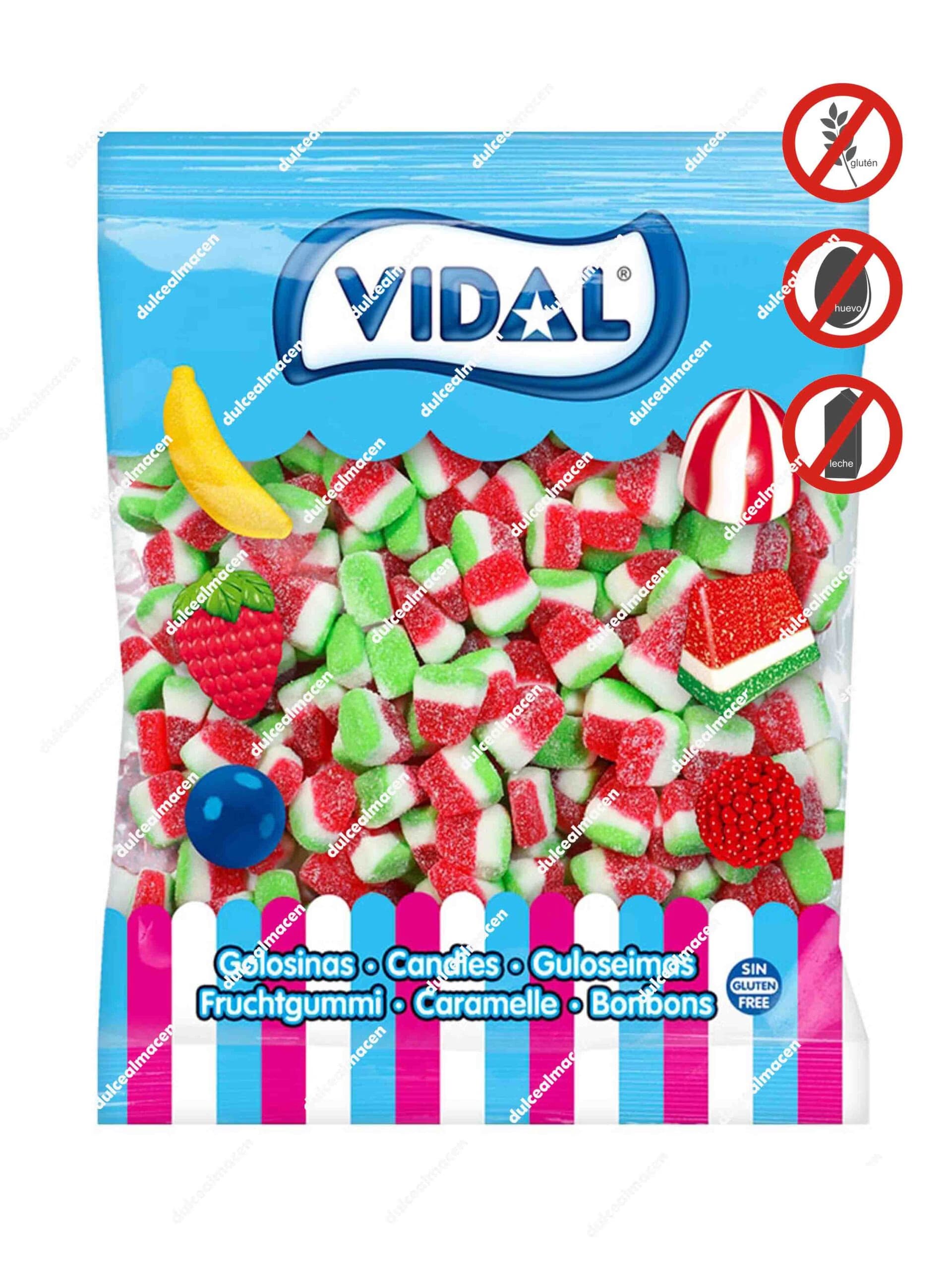 Bolsa de 1 kg de golosinas Vidal Mini Tajada Sandía con capas de color rojo, blanco y verde y acabado brillo - Dulcealmacen