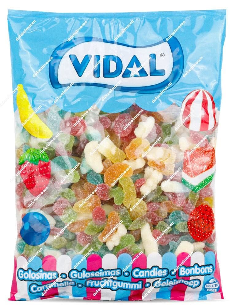 Bolsa vertical de color azul brillante de Vidal multisurtido azúcar 1 kg mostrando las gominolas variadas con azúcar a través de su ventana transparente y el sello sin gluten - Dulcealmacen archivo image_a1e924.jpg