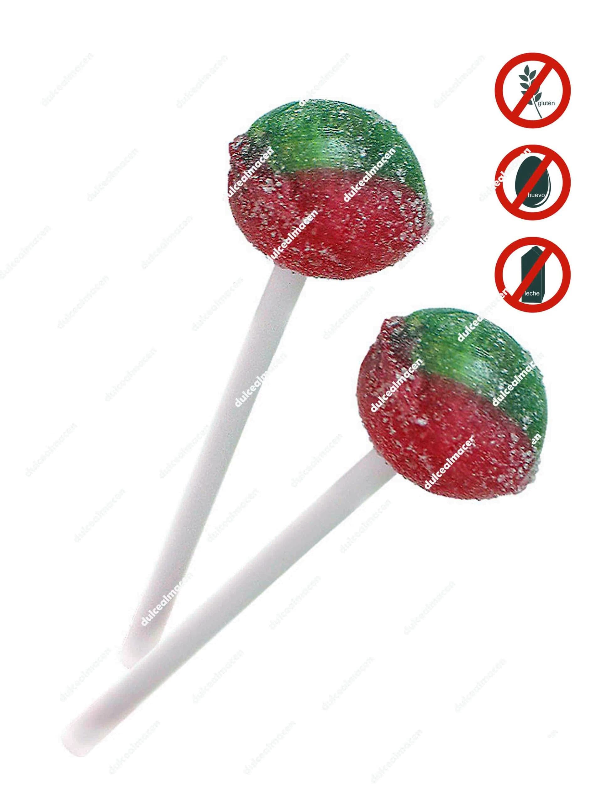 Dos caramelos Vidal Pali Pica de Sandía bicolor rojo y verde con recubrimiento de pica-pica y sellos de sin gluten, sin huevo y sin leche - Dulcealmacen