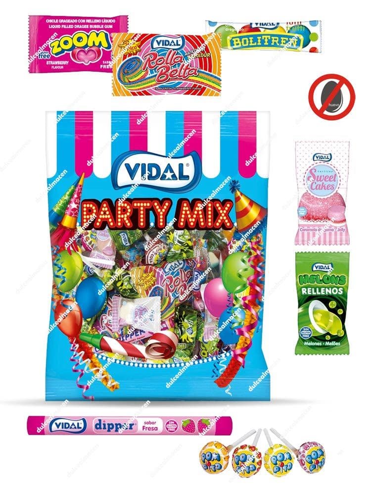 Bolsa de 150g de Vidal Party Mix mostrando el surtido de chuches envueltas individualmente como Dipper, chicles y caramelos con palo - Dulcealmacen