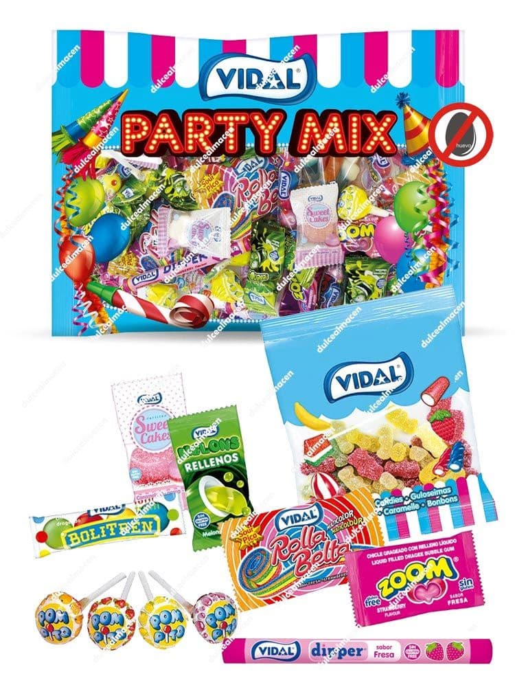 Bolsa de 400 gramos de Vidal Party Mix que muestra el surtido de golosinas interior: Dipper, Pom Pito, chicles Zoom y gominolas rellenas - Dulcealmacen
